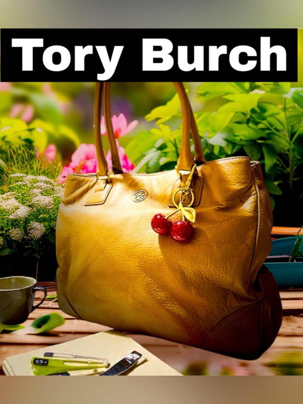 Tory Burch Tan Leather Tote with orange gold cherry keychain Charm - Picture 1 of 15